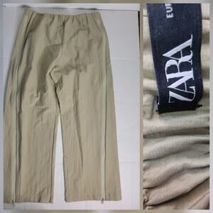 Zara Wide Leg Pull Pants Womens SZ XL Full Side Zip Up Trousers